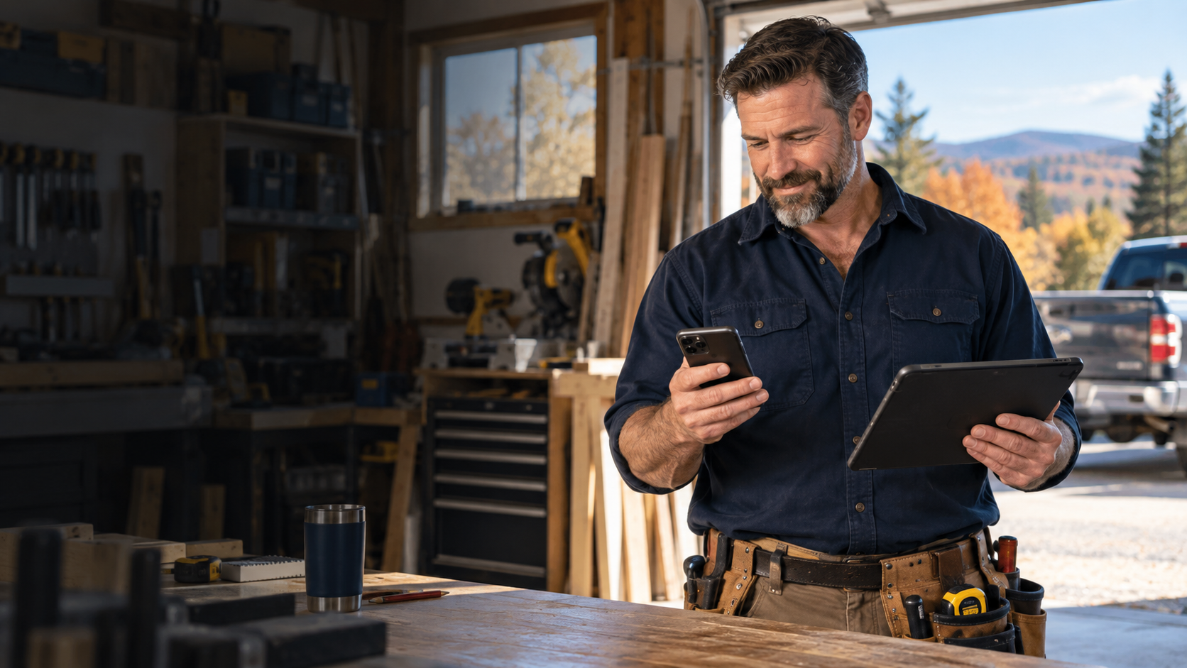 A local contractor reviewing a project on a phone and tablet