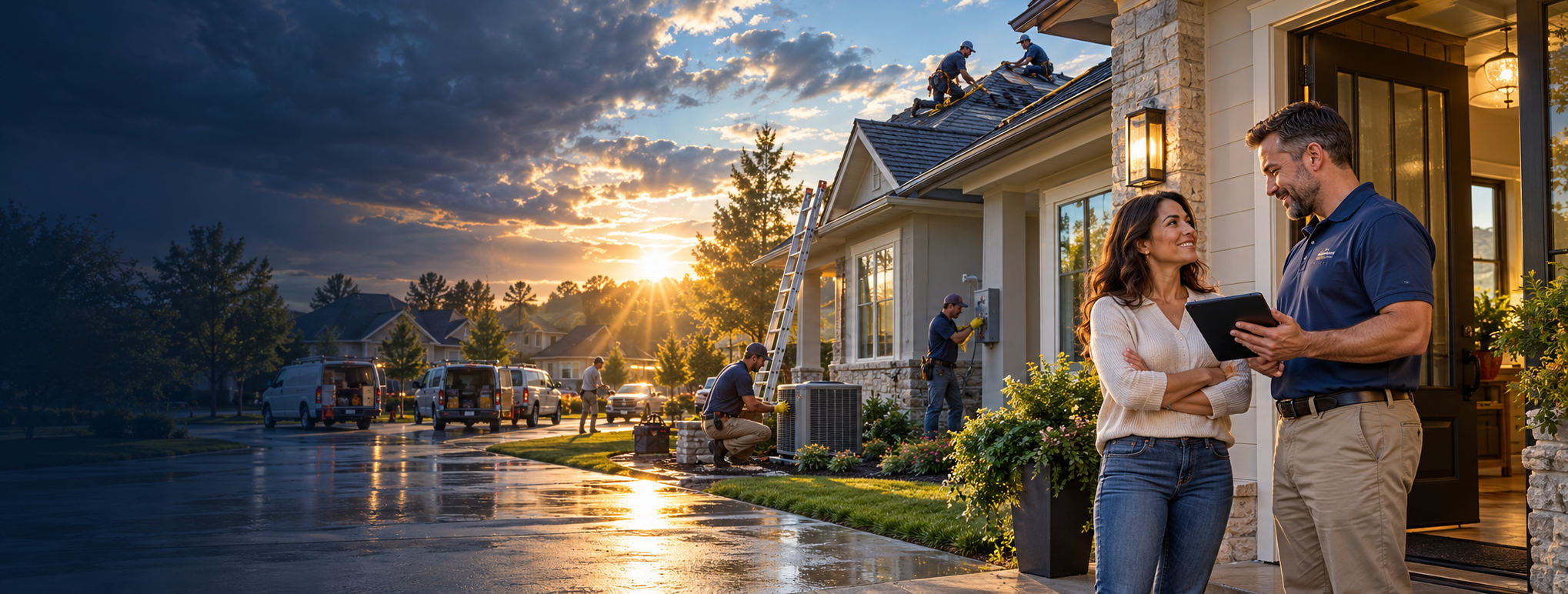 A homeowner speaking with a local home-repair professional as skilled tradespeople work nearby